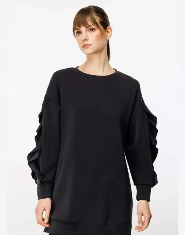 Women's Bicycle Collar Sleeves Volan Detail Three Thread Fabric Sweat - 2