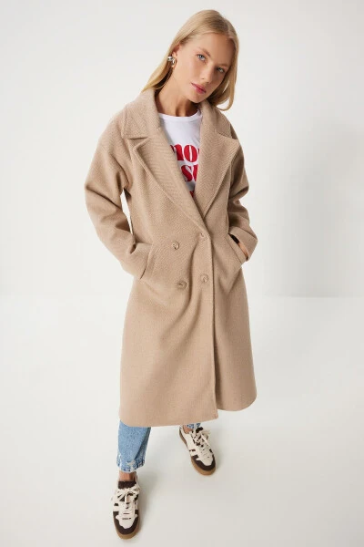 Women's Biscuit Crossover Collar Wool Coat DD01337-Bisk - HAPPINESS İSTANBUL