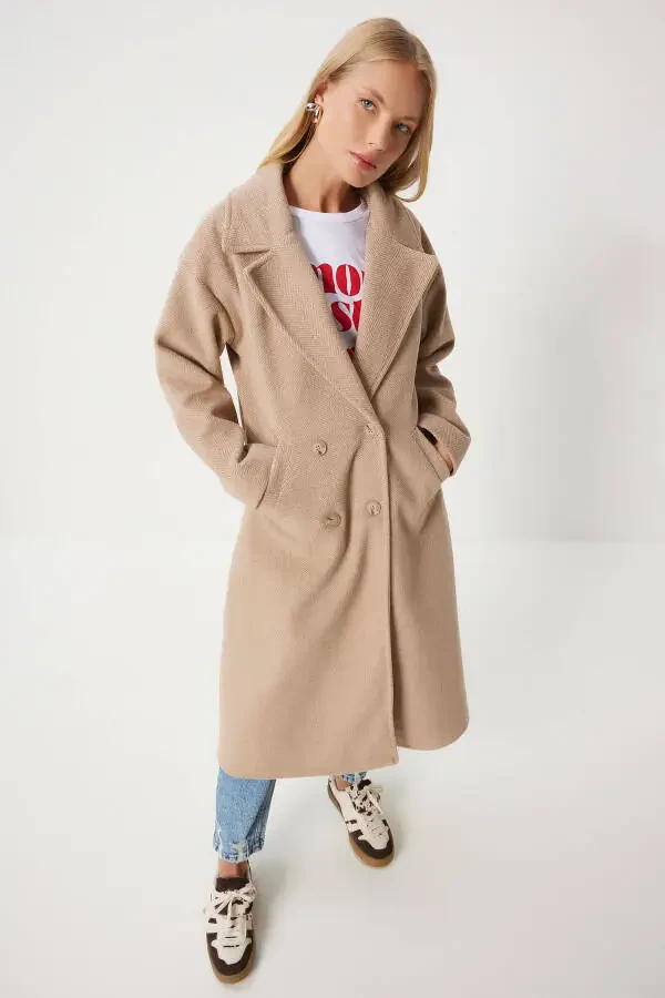 Women's Biscuit Crossover Collar Wool Coat DD01337-Bisk - 1