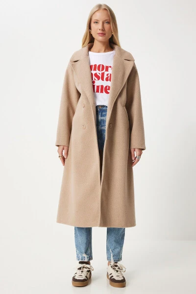 Women's Biscuit Crossover Collar Wool Coat DD01337-Bisk - HAPPINESS İSTANBUL (1)