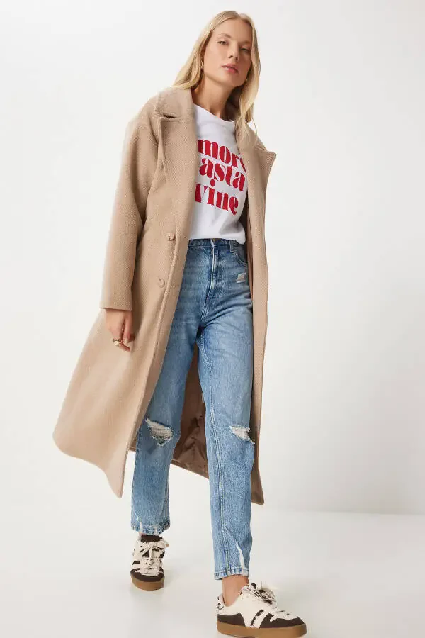 Women's Biscuit Crossover Collar Wool Coat DD01337-Bisk - 4