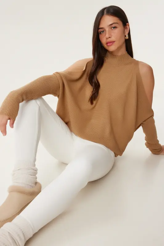 Women's Biscuit Cut Out Detailed Oversize Knitwear Sweater AS00015-Biscuit - 1