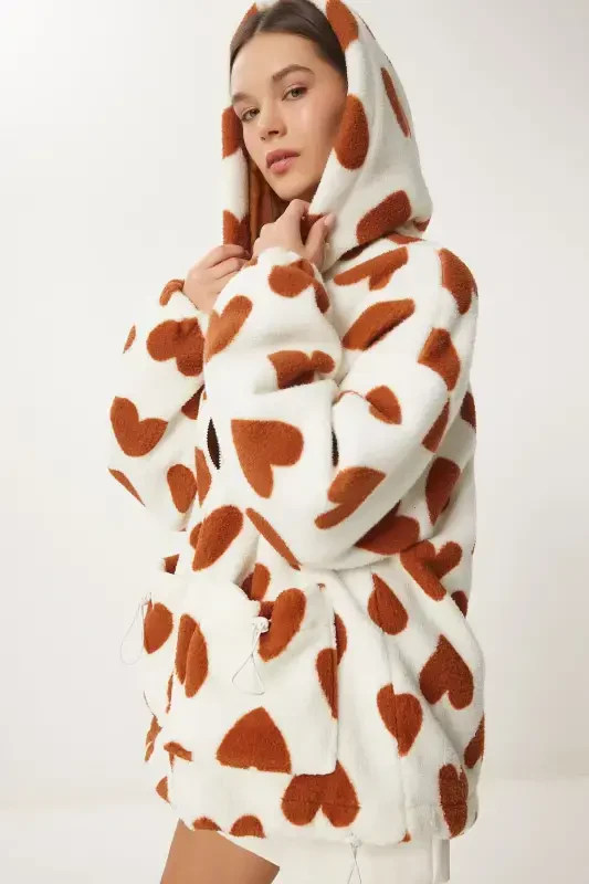 Women's Biscuit Ecru Hooded Heart Plush Coat RI00001-Biscuit Ecru - HAPPINESS İSTANBUL