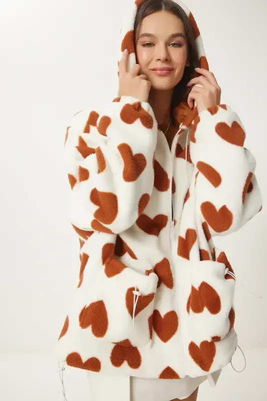 Women's Biscuit Ecru Hooded Heart Plush Coat RI00001-Biscuit Ecru - 2