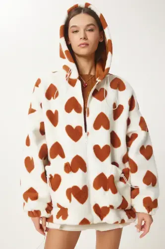 Women's Biscuit Ecru Hooded Heart Plush Coat RI00001-Biscuit Ecru - 3