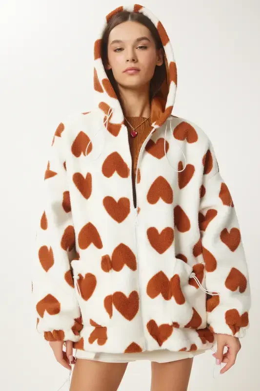 Women's Biscuit Ecru Hooded Heart Plush Coat RI00001-Biscuit Ecru - 3