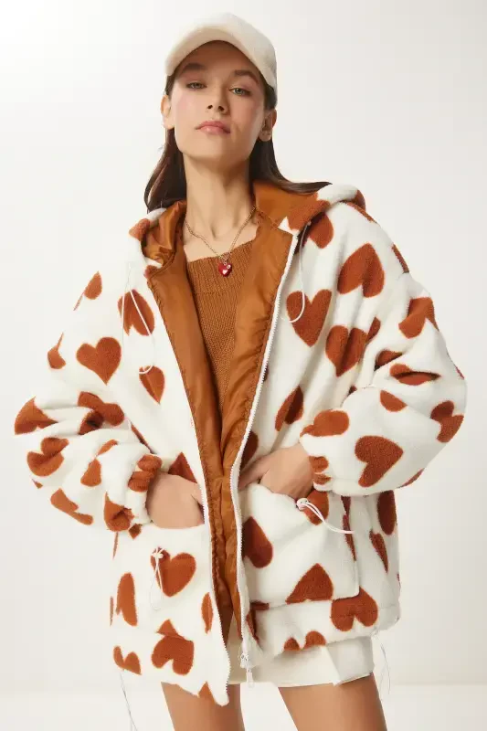Women's Biscuit Ecru Hooded Heart Plush Coat RI00001-Biscuit Ecru - 4