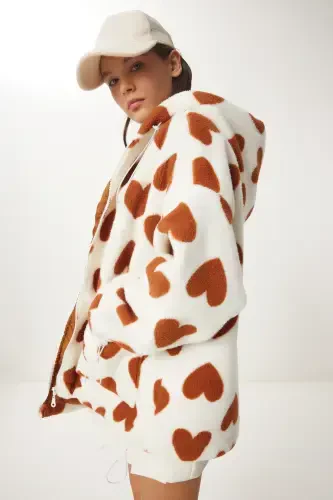 Women's Biscuit Ecru Hooded Heart Plush Coat RI00001-Biscuit Ecru - 5