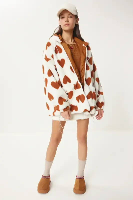 Women's Biscuit Ecru Hooded Heart Plush Coat RI00001-Biscuit Ecru - 6