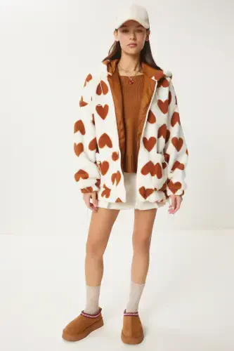 Women's Biscuit Ecru Hooded Heart Plush Coat RI00001-Biscuit Ecru - 7