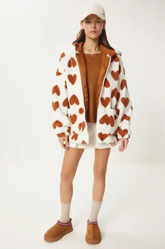 Women's Biscuit Ecru Hooded Heart Plush Coat RI00001-Biscuit Ecru - 7