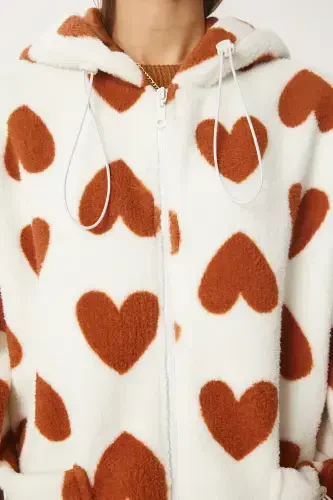 Women's Biscuit Ecru Hooded Heart Plush Coat RI00001-Biscuit Ecru - 8