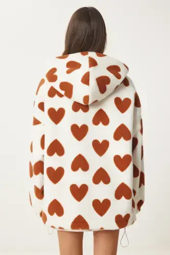Women's Biscuit Ecru Hooded Heart Plush Coat RI00001-Biscuit Ecru - 11
