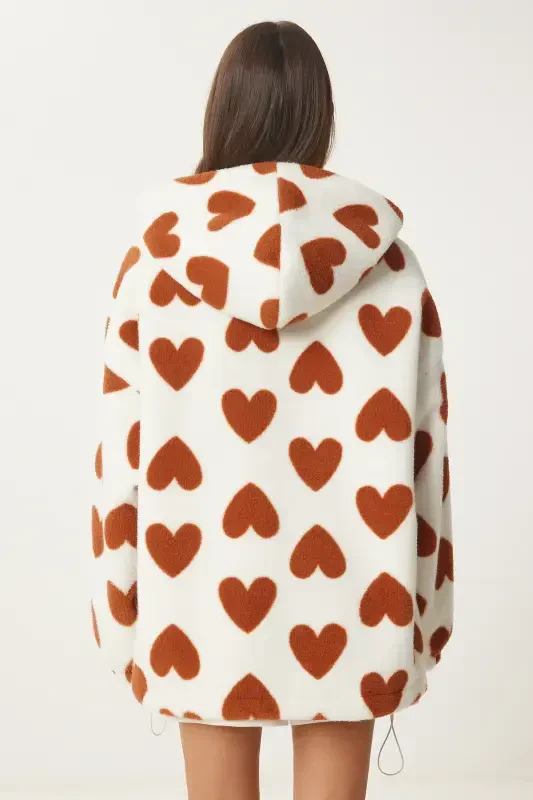 Women's Biscuit Ecru Hooded Heart Plush Coat RI00001-Biscuit Ecru - 11