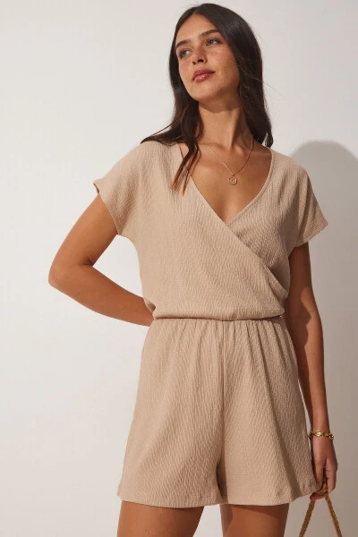 Women's Biscuit Envelope Neck Short Knitted Jumpsuit UB00019 - HAPPINESS İSTANBUL