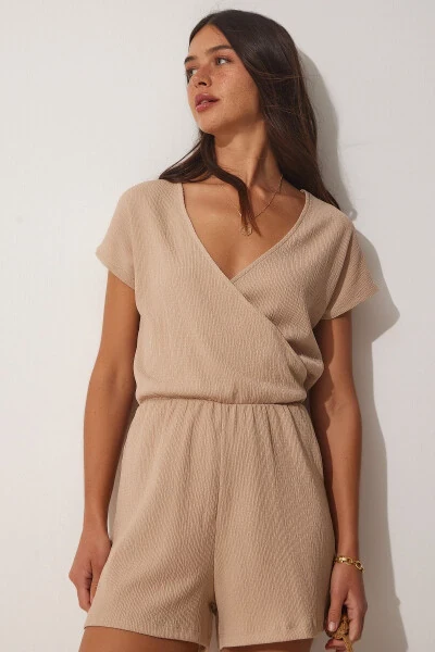 Women's Biscuit Envelope Neck Short Knitted Jumpsuit UB00019 - HAPPINESS İSTANBUL (1)