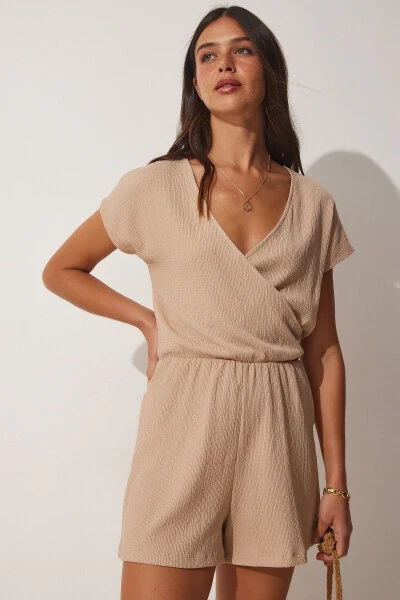 Women's Biscuit Envelope Neck Short Knitted Jumpsuit UB00019 - 3