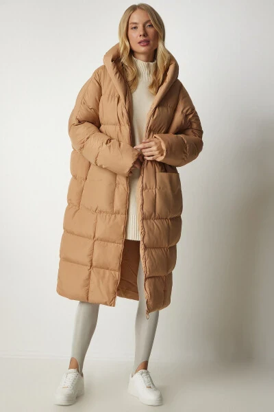Women's Biscuit Hooded Oversize Long Padded Coat NT00428 - HAPPINESS İSTANBUL