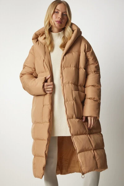 Women's Biscuit Hooded Oversize Long Padded Coat NT00428 - HAPPINESS İSTANBUL (1)