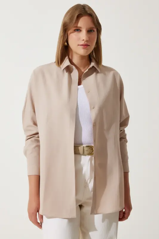 Women's Biscuit Oversize Long Basic Shirt DD00842 - Biscuit - 5