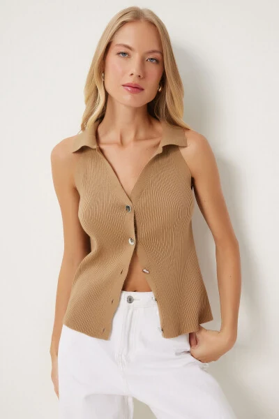 Women's Biscuit Polo Neck Ribbed Knitted Vest FN03302 - HAPPINESS İSTANBUL (1)
