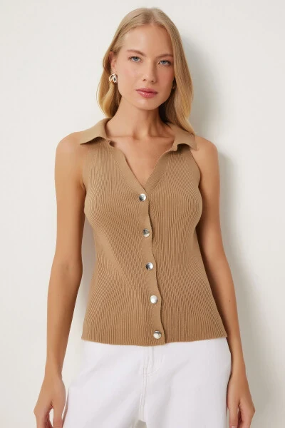Women's Biscuit Polo Neck Ribbed Knitted Vest FN03302 - 3