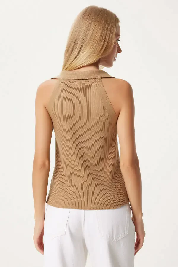 Women's Biscuit Polo Neck Ribbed Knitted Vest FN03302 - 4