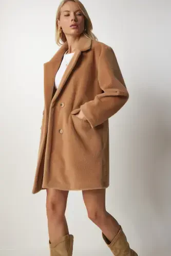 Women's Biscuit Rabbit Fur Look Oversize Coat MX00105-Biscuit - HAPPINESS İSTANBUL (1)
