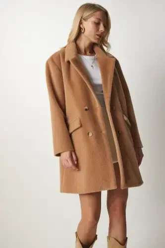 Women's Biscuit Rabbit Fur Look Oversize Coat MX00105-Biscuit - 3