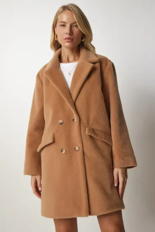Women's Biscuit Rabbit Fur Look Oversize Coat MX00105-Biscuit - 4