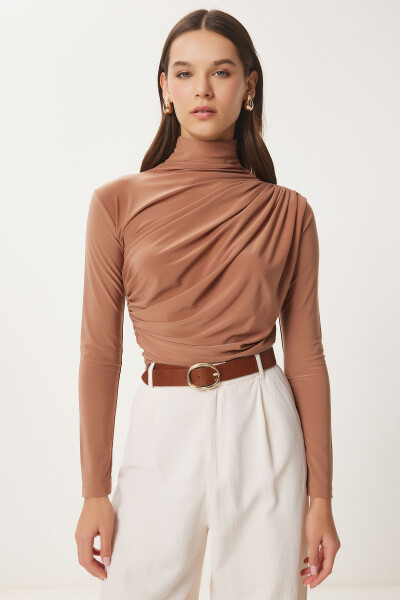 Women's Biscuit Ruched Detail Stand Collar Sandy Blouse FF - 4