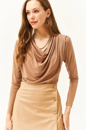 Women's Biscuit Shoulder Padded Pleated Cowl Neck Blouse BLZ-19002419-Biscuit - OLALOOK (1)
