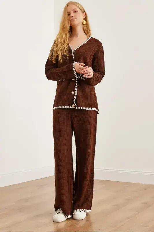 Women's Bitter Coffee Bias Detailed Top Cardigan Bottom Pants Knitted Suit TKM-19000305-Bitter Coffee - OLALOOK