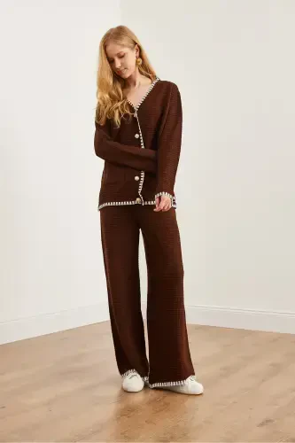 Women's Bitter Coffee Bias Detailed Top Cardigan Bottom Pants Knitted Suit TKM-19000305-Bitter Coffee - OLALOOK (1)