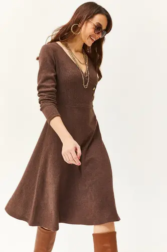 Women's Bitter Coffee Button Detailed Crossover Midi Bell Dress ELB-19002031-Bitter Coffee 