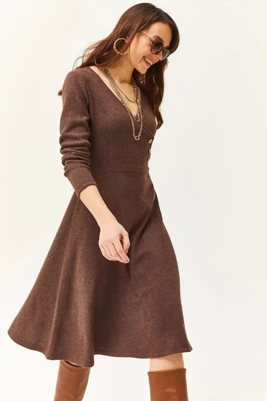 Women's Bitter Coffee Button Detailed Crossover Midi Bell Dress ELB-19002031-Bitter Coffee - 1