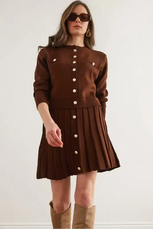 Women's Bitter Coffee Button Detailed Top Cardigan Pleated Skirt Knitwear Suit TKM-19000332-Bitter Coffee - OLALOOK