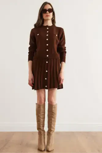 Women's Bitter Coffee Button Detailed Top Cardigan Pleated Skirt Knitwear Suit TKM-19000332-Bitter Coffee - OLALOOK (1)