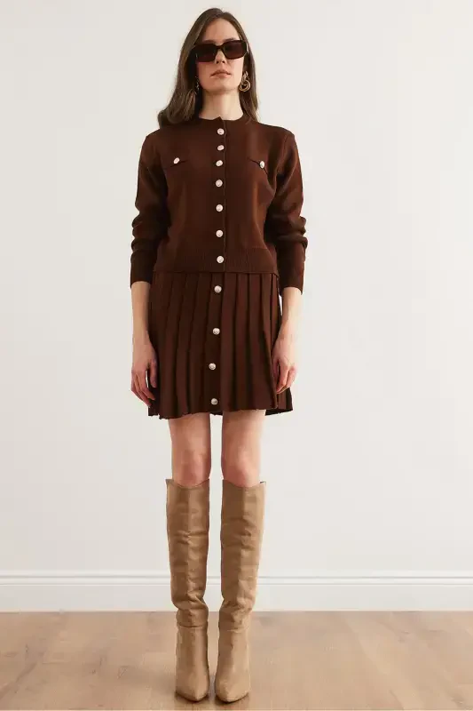 Women's Bitter Coffee Button Detailed Top Cardigan Pleated Skirt Knitwear Suit TKM-19000332-Bitter Coffee - 2