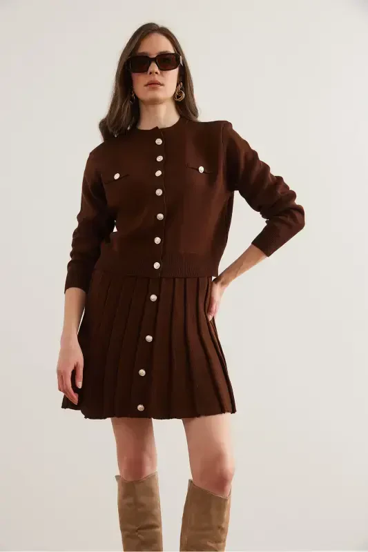 Women's Bitter Coffee Button Detailed Top Cardigan Pleated Skirt Knitwear Suit TKM-19000332-Bitter Coffee - 3
