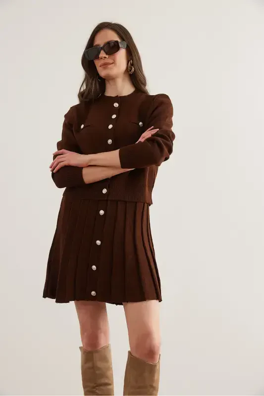 Women's Bitter Coffee Button Detailed Top Cardigan Pleated Skirt Knitwear Suit TKM-19000332-Bitter Coffee - 4