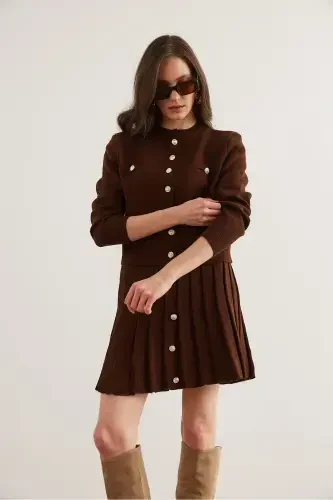 Women's Bitter Coffee Button Detailed Top Cardigan Pleated Skirt Knitwear Suit TKM-19000332-Bitter Coffee - 5