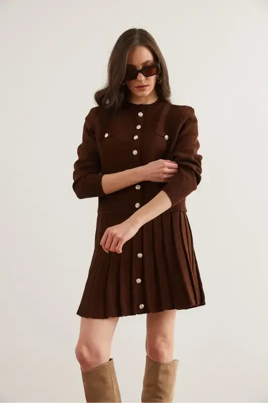 Women's Bitter Coffee Button Detailed Top Cardigan Pleated Skirt Knitwear Suit TKM-19000332-Bitter Coffee - 5