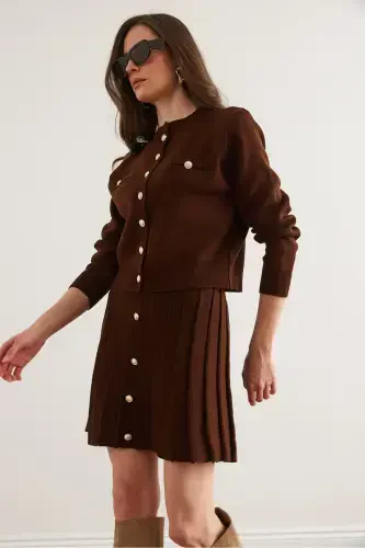 Women's Bitter Coffee Button Detailed Top Cardigan Pleated Skirt Knitwear Suit TKM-19000332-Bitter Coffee - 6