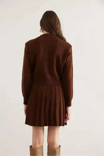 Women's Bitter Coffee Button Detailed Top Cardigan Pleated Skirt Knitwear Suit TKM-19000332-Bitter Coffee - 7