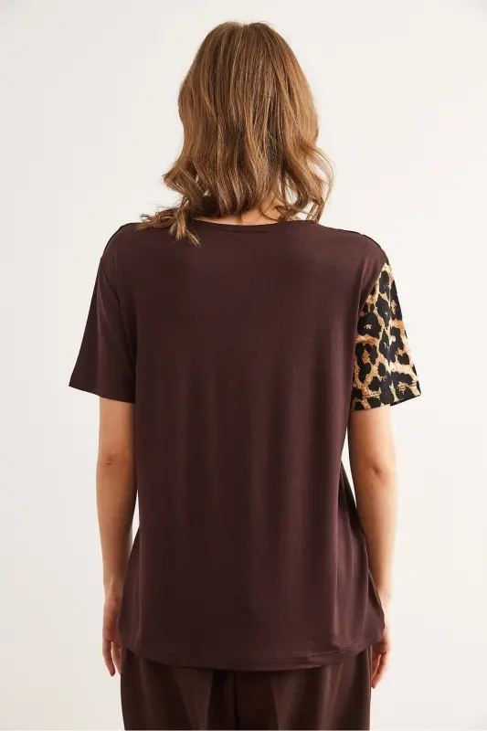 Women's Bitter Coffee Collar Leopard Detailed Knitted Viscose T-shirt - 2