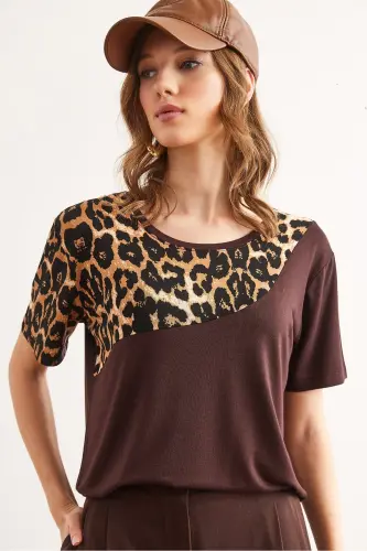 Women's Bitter Coffee Collar Leopard Detailed Knitted Viscose T-shirt - 3