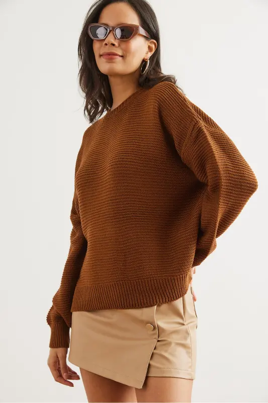 Women's Bitter Coffee Crew Neck Links Knitwear Tricot Sweater KZK-19000870-Bitter Coffee - 4