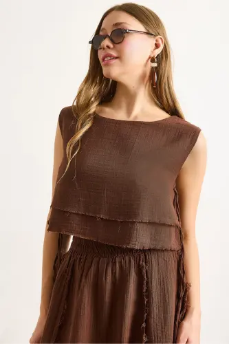 Women's Bitter Coffee Double Layer Dirty Stitch Lace-up Detail Muslin Blouse BLZ-19002924-Bitter Coffee - 1