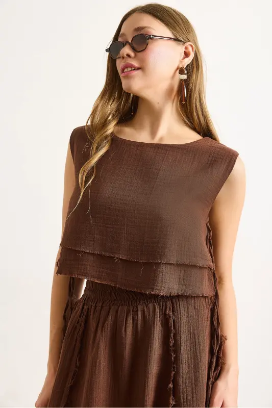 Women's Bitter Coffee Double Layer Dirty Stitch Lace-up Detail Muslin Blouse BLZ-19002924-Bitter Coffee - 1